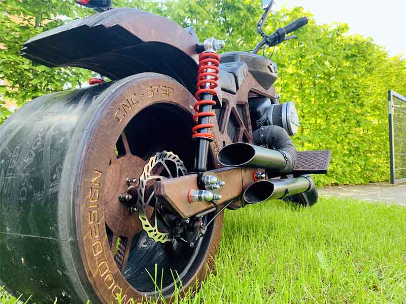 Wooden motorcycle rear wheel from multiplex
