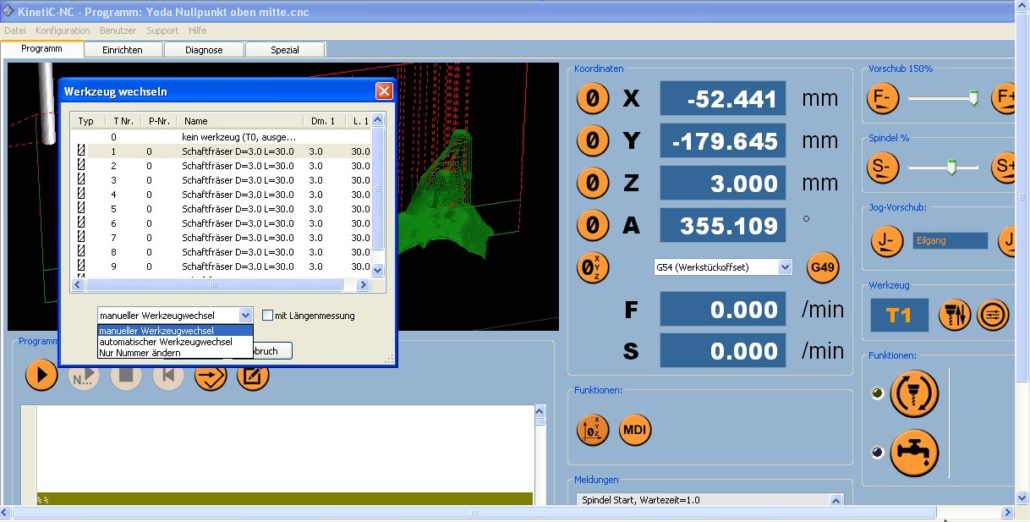 KineticNC tool change by hand with changer or only change number with and without length measurement